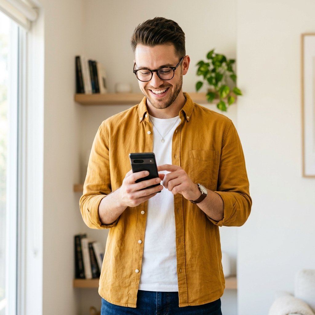 Delighted customer checking moving progress on phone