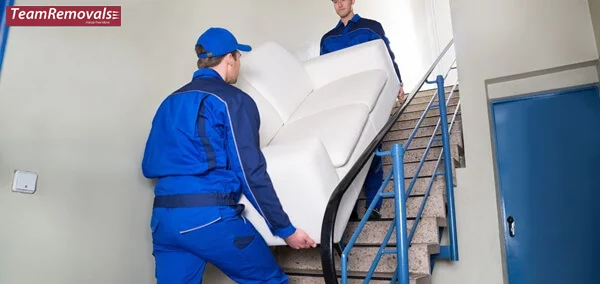 Professional team wrapping and moving furniture