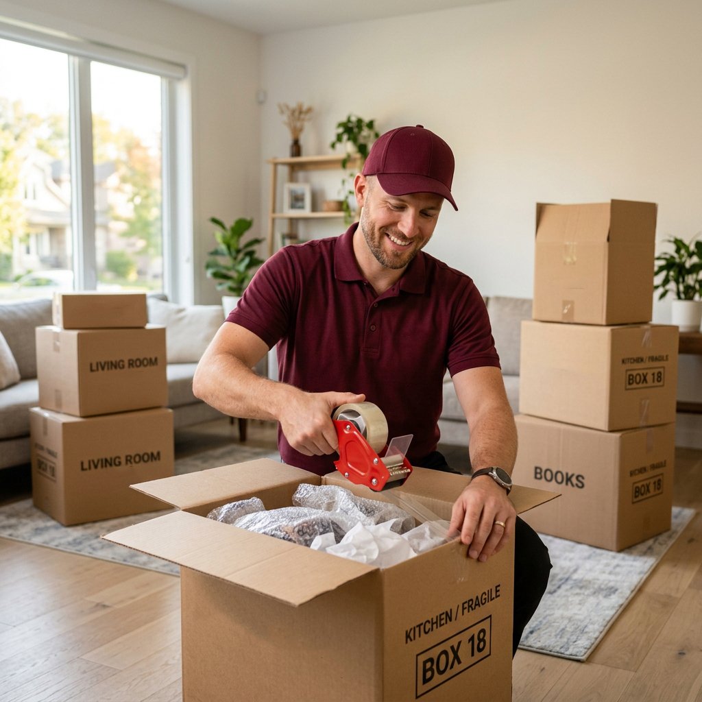 Professional mover packing boxes securely