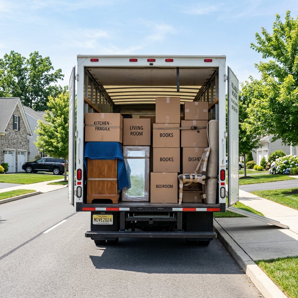Moving truck safely loaded with boxes for transit